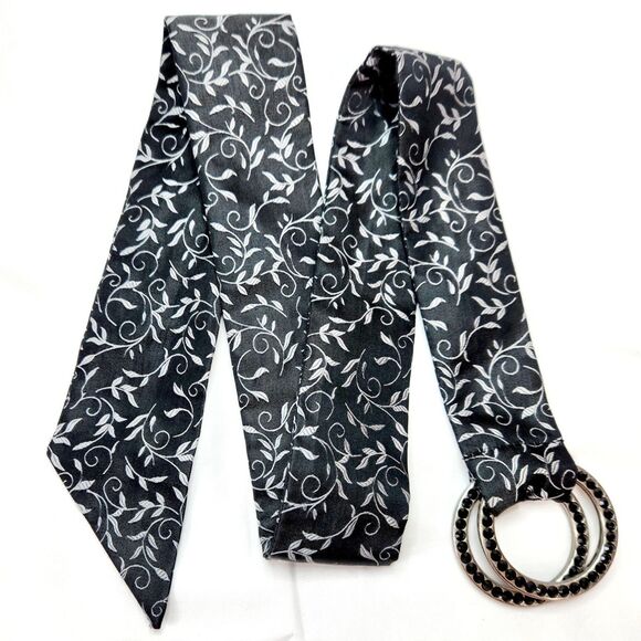 Vtg Y2K Express Womens Belt Sz Sm 34" 100% Silk Black Silver Rhinestone Buckle - Picture 9 of 9